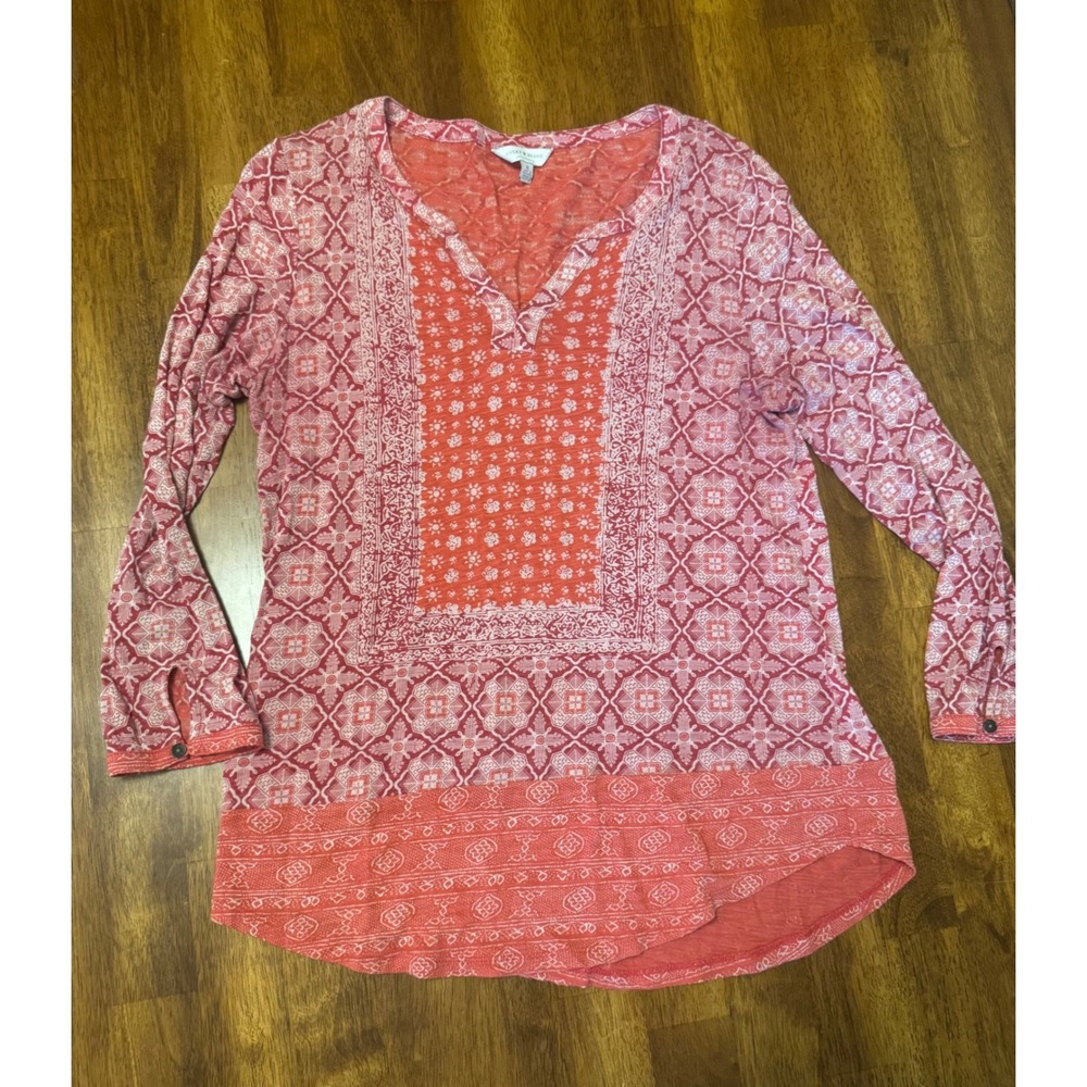 Lucky Brand Red Pink Geometric Boho Slub Knit Split Neck Top Medium